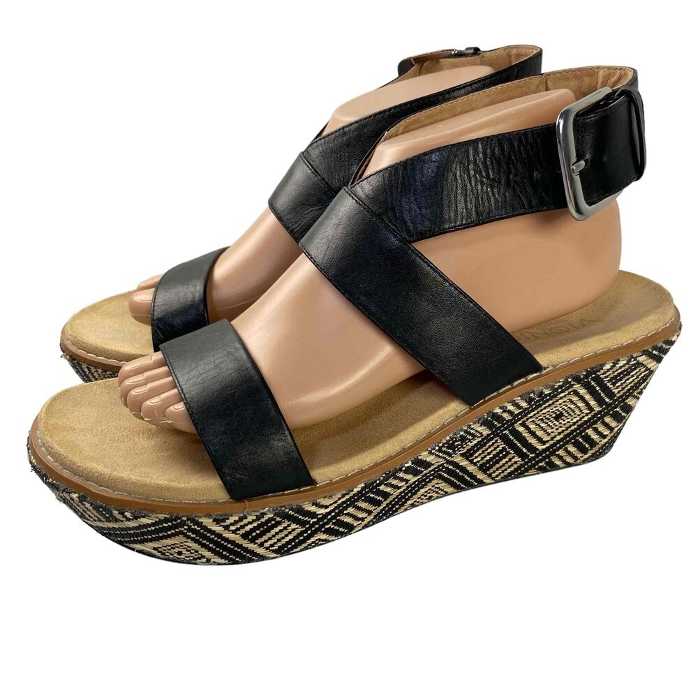 Vionic Womens Size 10 Cancun Black Tan Wedge Sandals Strappy Comfort Leather